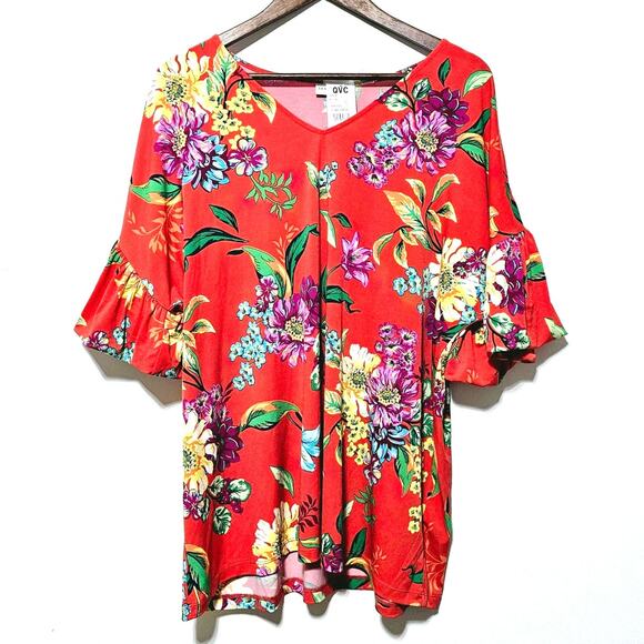 Susan Graver Liquid Knit Top Size XL NWT Puff Sleeves Orange Tropical Casual - Picture 1 of 8